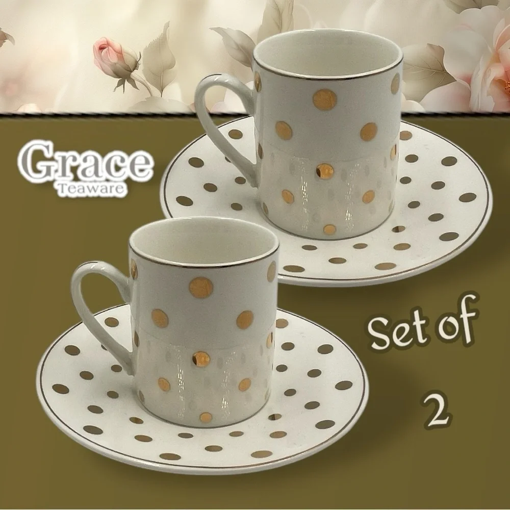 GRACE TEAWARE White Gold Polka Dots 4 Piece Tea DEMITASSE ESPRESSO Set
